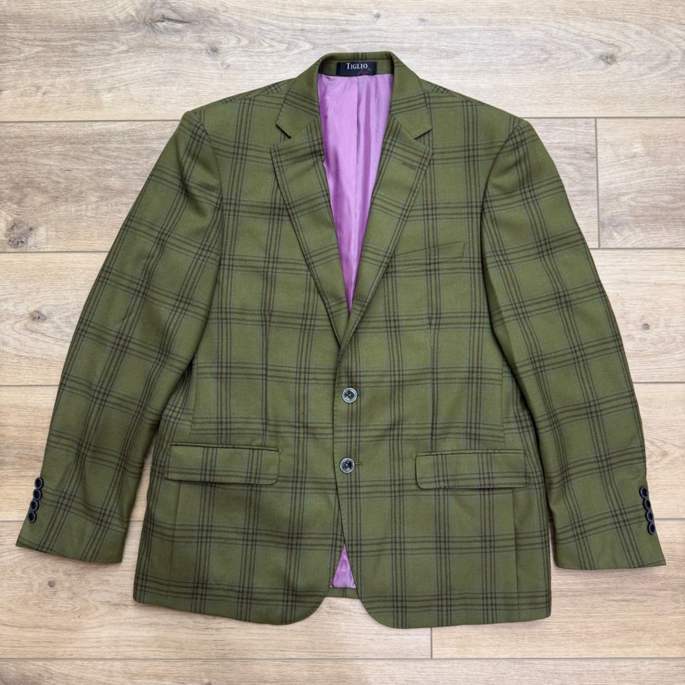 Tiglio Luxe Mens Porto Jacket 42S Slim Fit Olive Green Plaid Wool Blazer Hipster